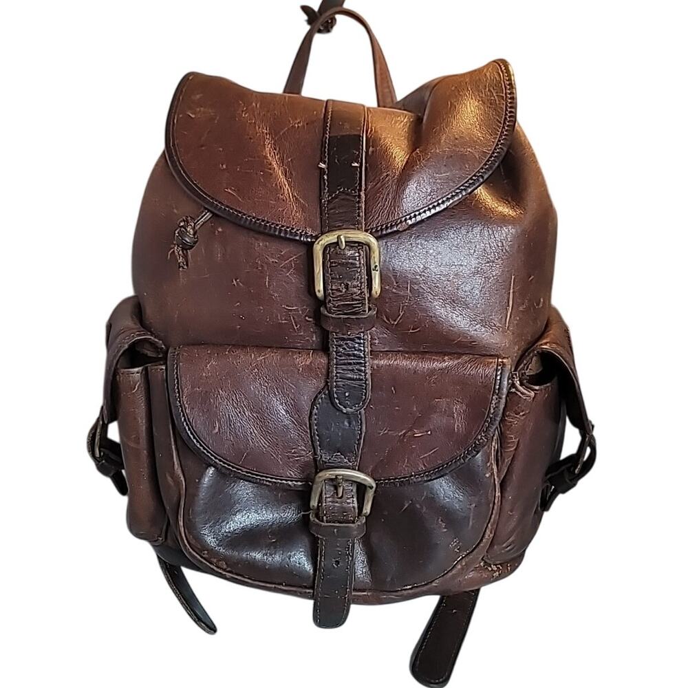 Vtg Leather Backpack Rucksack Luggage Bag Brown Large Travel Luggage Well Worn